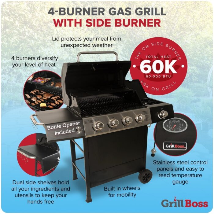 Grill Boss 4-Burner Gas Grill with Side Burner, Cover, Shelves, & Bottle Opener - 61.73 - Image 2