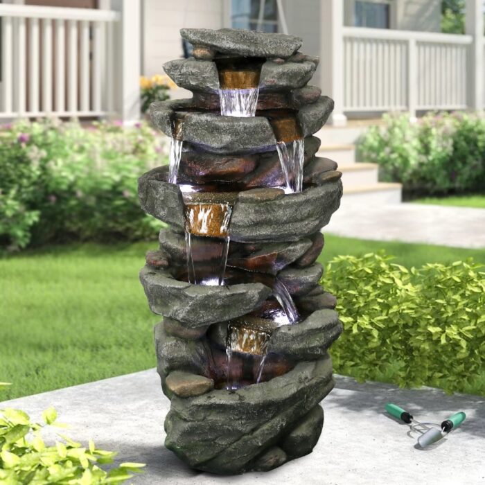 Outdoor Relaxing Water Fountain -6-Tier Outdoor Fountain w/LED Light - Image 2