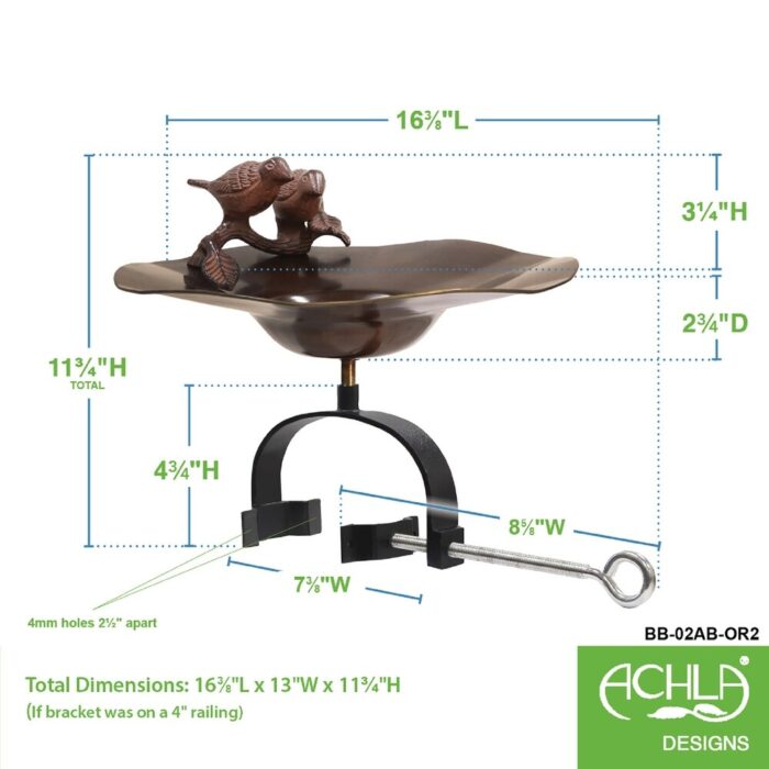 Achla Designs 13"Dia. Round Antique Patina Brass/Aluminum Birds Birdbath w/Black Wrought Iron Over Railing Bracket - Image 2