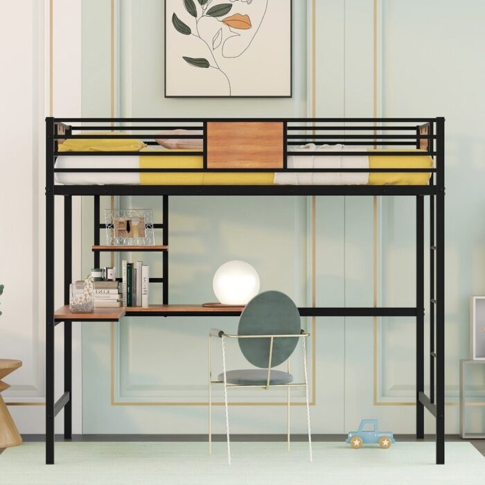 Metal Loft Bed Twin Size with Built-in Desk and Shelf, Metal Twin Loft Bed with Guardrail, Twin Loftbed Frame Metal Bedframe - Image 2