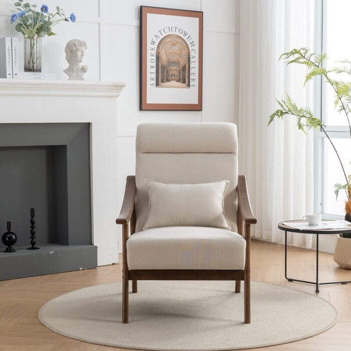 SEYNAR Mid Century Boucle Uplostered High Back Soild Wood Accent Armchair with Pillow - Image 2