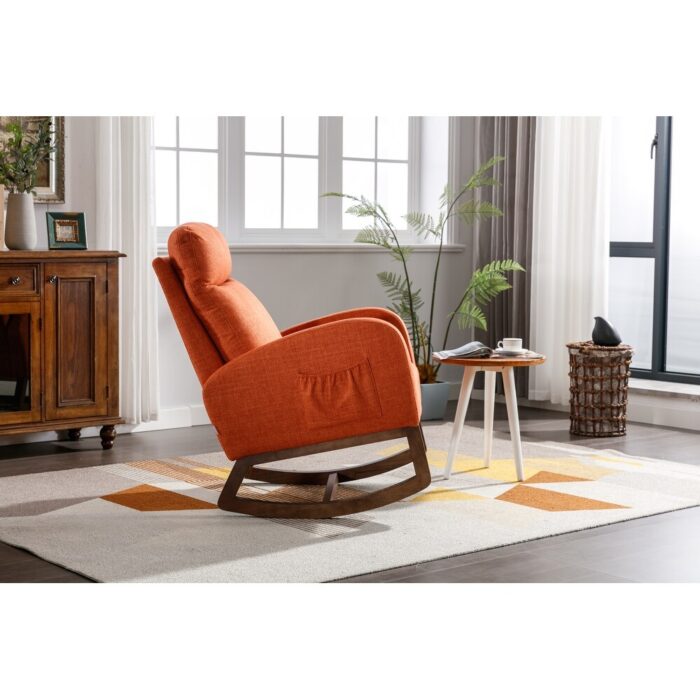 Modern Tall Back Accent Rocker Chair Fabric Upholstered Armchair with Side Pockets, Leisure Single Sofa for Livingroom, Orange - Image 2