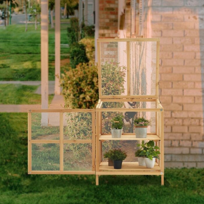 MCombo 2 Tier Cold Frame Greenhouse Foldable, Solid Wood 0122 - Natural - Image 2