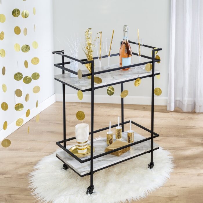 Black and White Faux Marble 2-Tier Bar and Serving Cart
