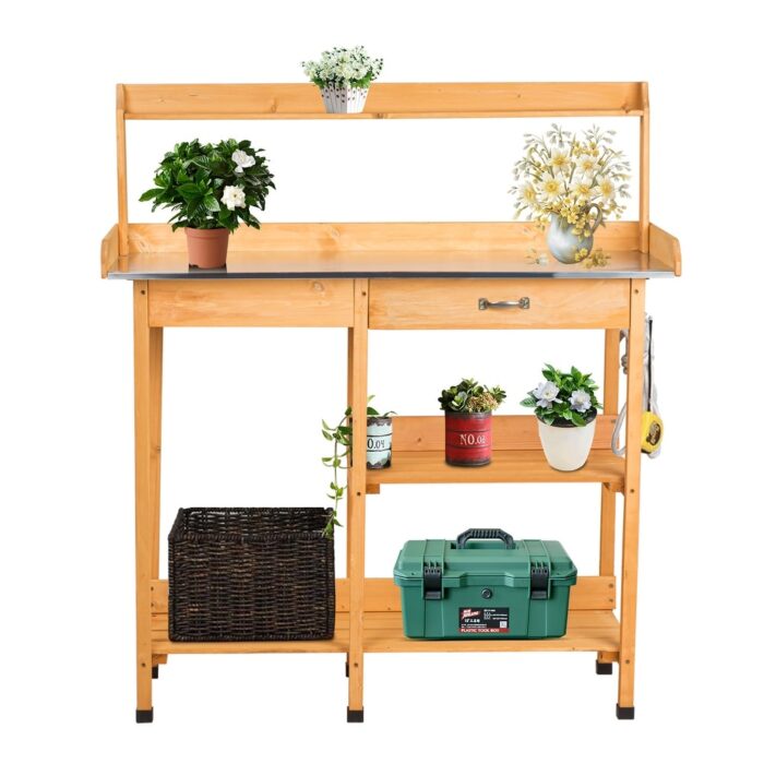 Kinbor Outdoor Potting Bench with Metal Tabletop, Garden Work Bench Planting Workstation w/ Storage Shelves & Hooks - Image 2