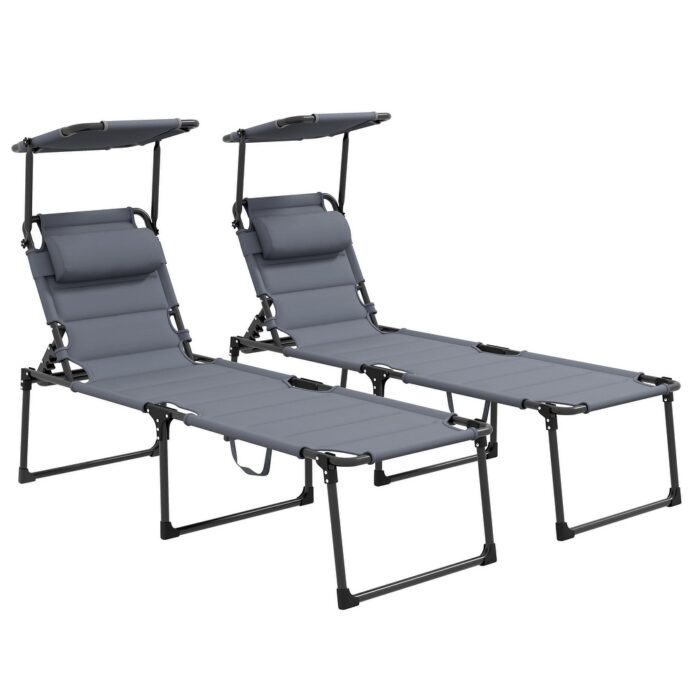 Outsunny 2 Pcs Outdoor Lounge Chair, 4 Position Adjustable Backrest Folding Chaise Lounge, Cushioned Tanning Chair - Image 2