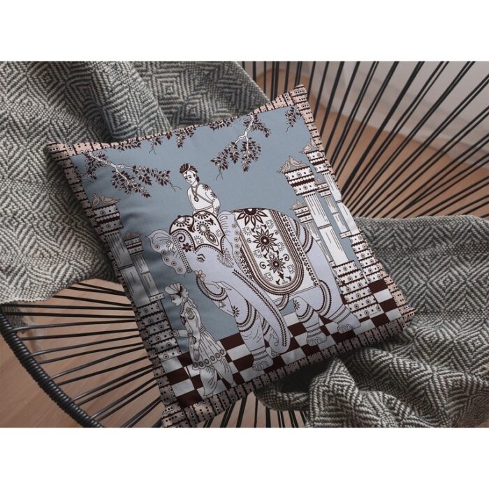 16" Blue Brown Ornate Elephant Indoor Outdoor Throw Pillow - Image 2