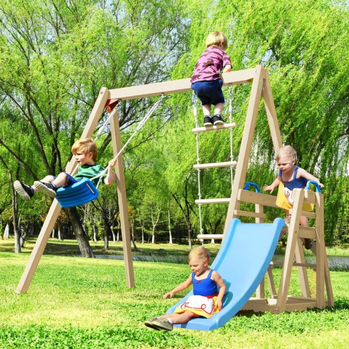 Wood Swing Set for Backyard, 4-in-1 Outdoor Swing Set w/Slide - 6'1''(H) x 7'11''(W) x 7'11''(D) - Image 2