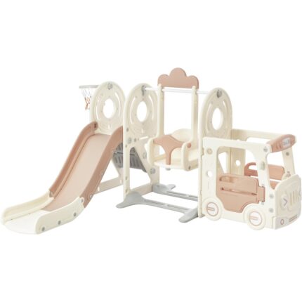 Kids Swing-N-Slide with Bus Play Structure, Freestanding Bus Toy with Slide&Swing for Bus Slide Set with Basketball Hoop