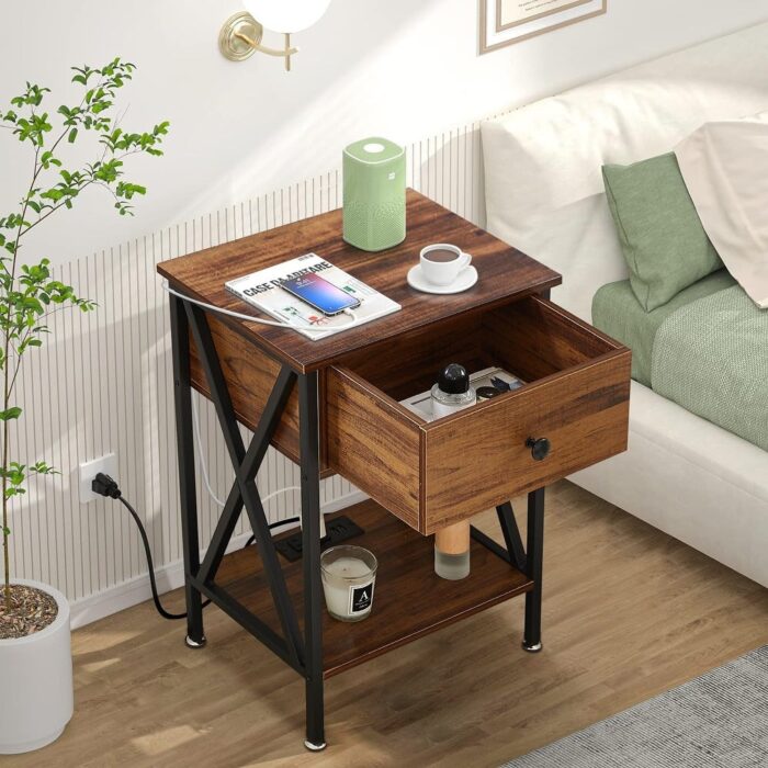 Mid Century Modern Nightstand Set of 1/2 with Charging Station and USB Port - Image 2