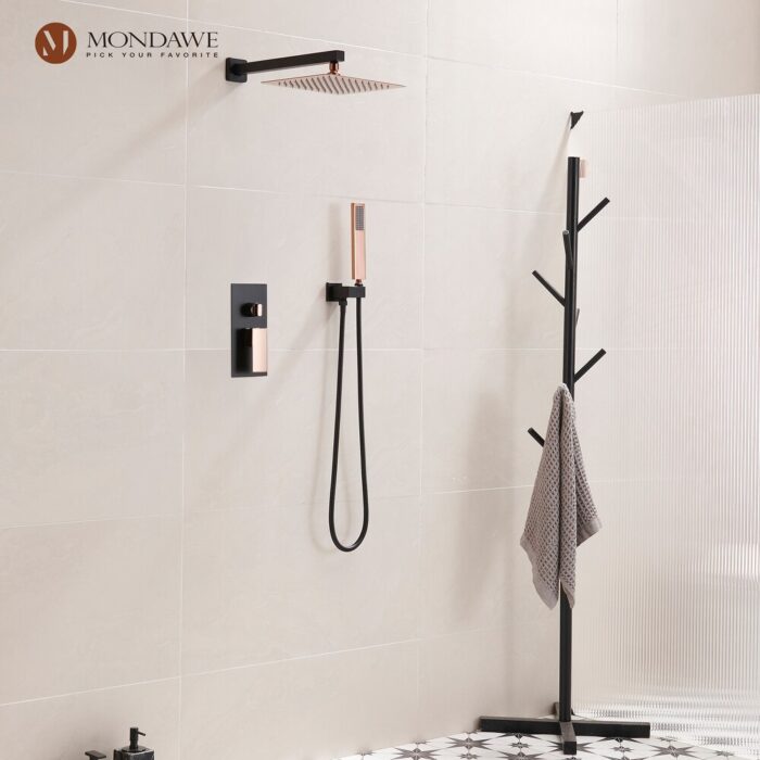 High Pressure 10 Inch Square Shower System with Rough-in Valve in Rose Gold and Black - Image 2