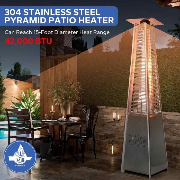 Outdoor Heater, 42,000 BTU Pyramid Glass Tube Propane Patio Heaters with w/Wheels Cover & Triple Protection System - Image 2