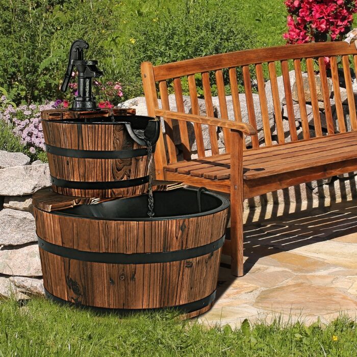 2 Tier Barrel Waterfall Fountain Wood Cascading Water Fountain