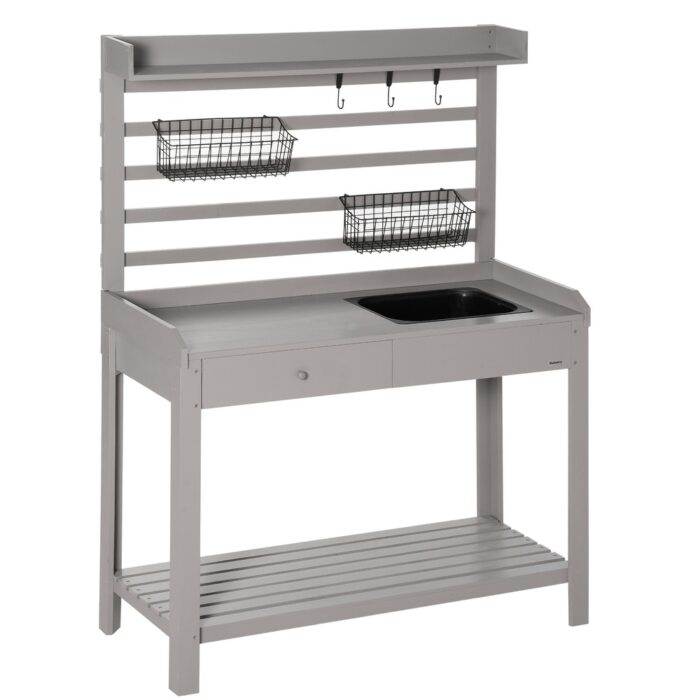 Outsunny Potting Bench for Outside with Storage, Potting Table Outdoor Workstation with Hooks and Baskets - Image 2