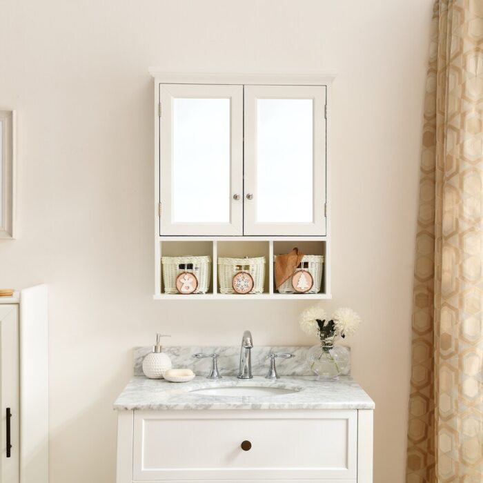 Bathroom Storage Cabinet White Wall Medicine Cabinet with Mirror, Wood Cabinet Wall Mounted with Christmas Style Storage Baskets - Image 2