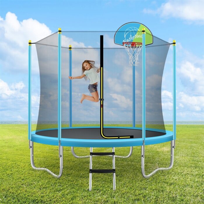 Trampoline for Kids w/Safety Enclosure Net,Basketball Hoop and Ladder - Blue