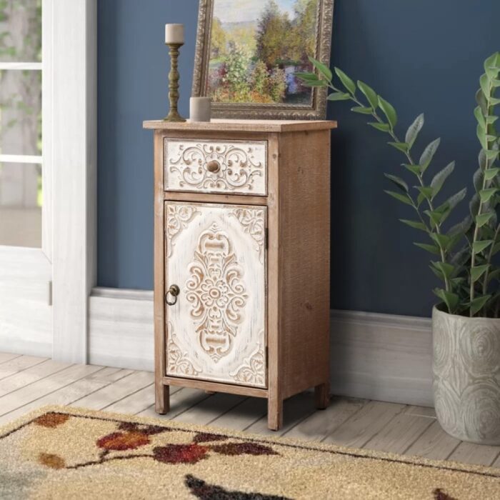 Distressed Floral Carved Wood 1-Door and 1-Drawer End Table with Storage - 30.13" H x 15.94" W x 12.32" D - Image 2