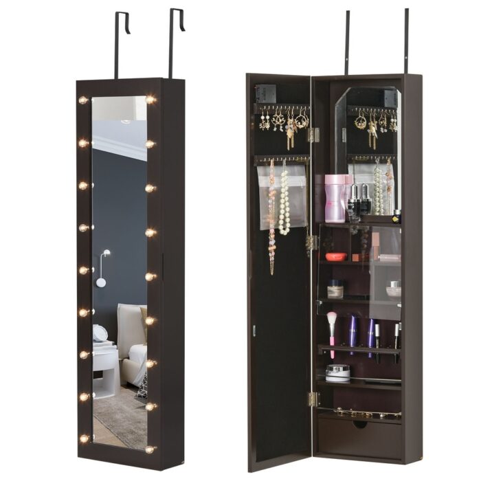 HOMCOM Jewelry Armoire with Mirror and 18 LED Lights, Wall-Mounted/Over-The-Door Cabinet with 3 Mountable Heights - Image 2