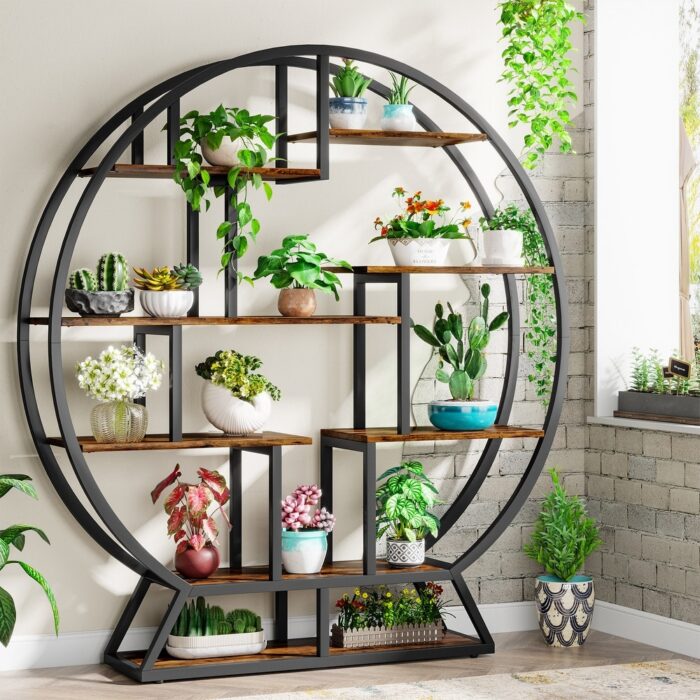 Round Plant Stand, Rustic 63 Inch Potted Plants Holder Flower Rack - Rustic Brown - Image 2
