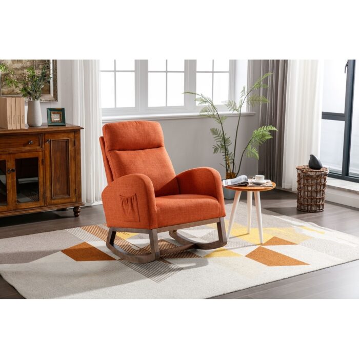 Modern Tall Back Accent Rocker Chair Fabric Upholstered Armchair with Side Pockets, Leisure Single Sofa for Livingroom, Orange
