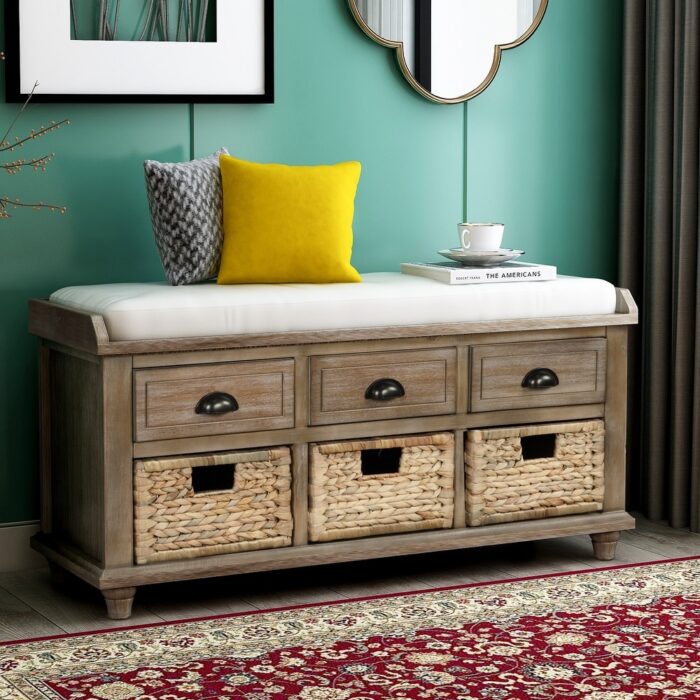Nestfair Rustic Storage Bench with 3 Drawers and 3 Rattan Baskets