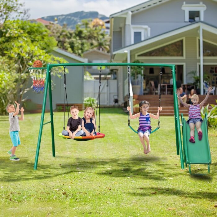 440lbs Swing Sets for Backyard with Slide, Saucer Swing, Belt Swing,Basketball Hoop
