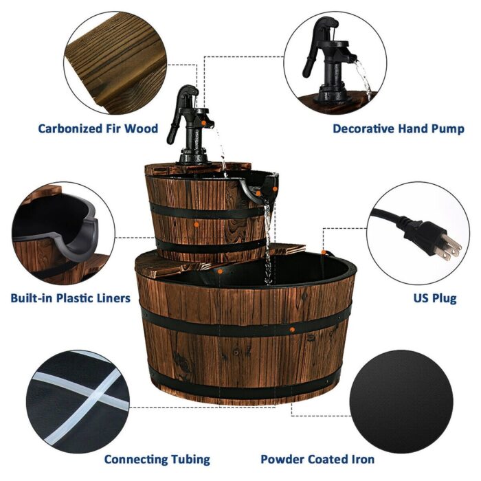 2 Tier Barrel Waterfall Fountain Wood Cascading Water Fountain - Image 2