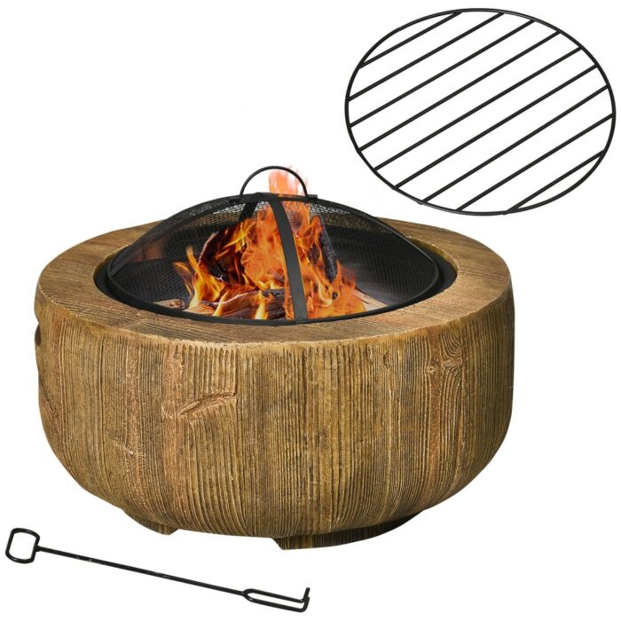 Outsunny Outdoor Fire Pit, 24 Inch Metal Wood Burning Fireplace with Spark Cover, Poker, Woodgrain Design - Image 2