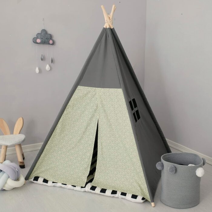Foldable Dark Tone Grey Play Tents with Carry Case and Stripe Padded Mat - Image 2