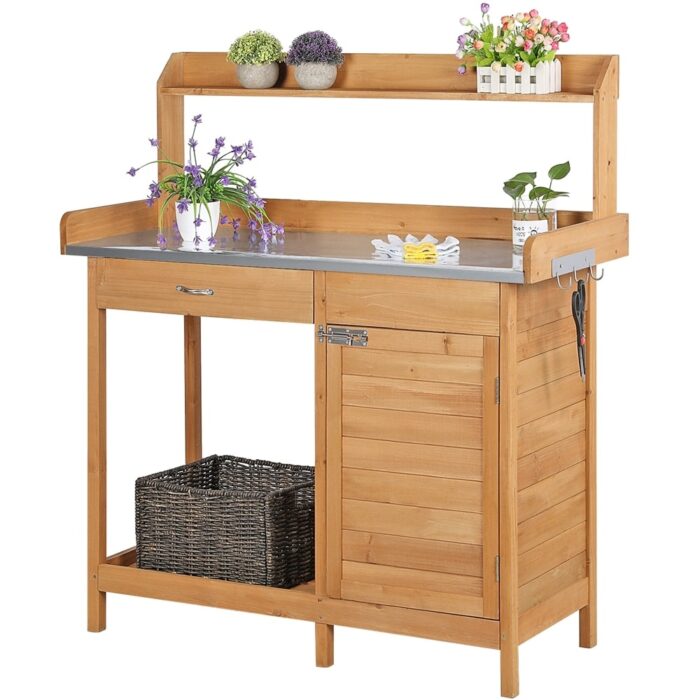Yaheetech Fir Wood Potting Bench with Metal Tabletop - Image 2