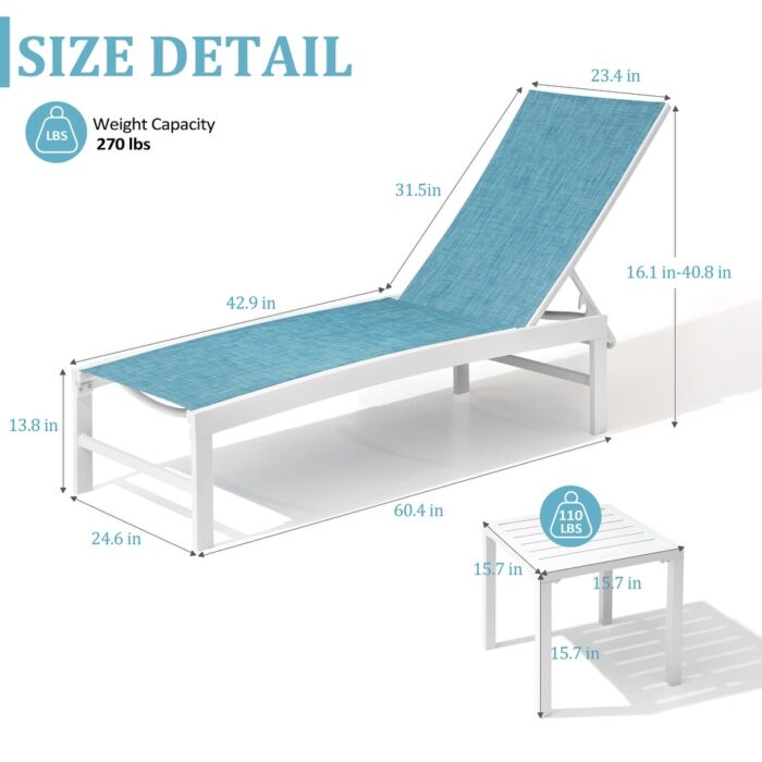VredHom Outdoor Aluminum Adjustable Chaise Lounge Chairs and Side Table Set - 60.4 in L * 24.6 in W * 16.1/40.8 in H - Image 2
