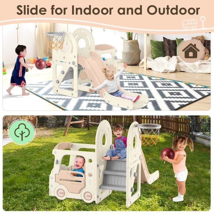 Beige Coffee 4 in 1 Toddler Slide, Kid Slide for Toddlers Age 1-3, Indoor Outdoor Bus Themed Toddler Playset Toddler Playground