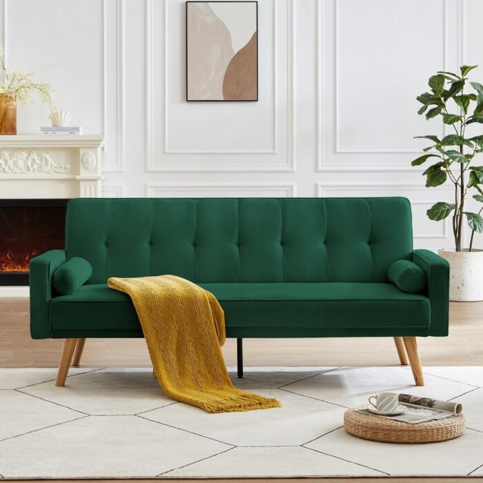Velvet Sleeper Loveseat Sofa Bed Button Tufted Chaise Lounge Sofa Adjustable Back Recliner Couch with 2 Pillows for Livingroom - Image 2
