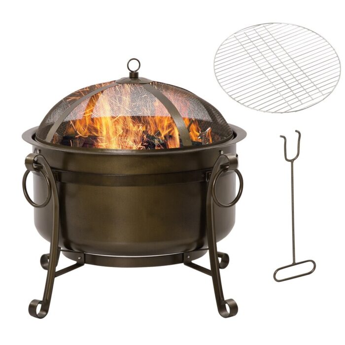 Outdoor Fire Pit Grill Portable Steel Burning Bowl Cooking Grate with Spark Screen Lid for Patio, Multifunction Picnics Stove - Image 2