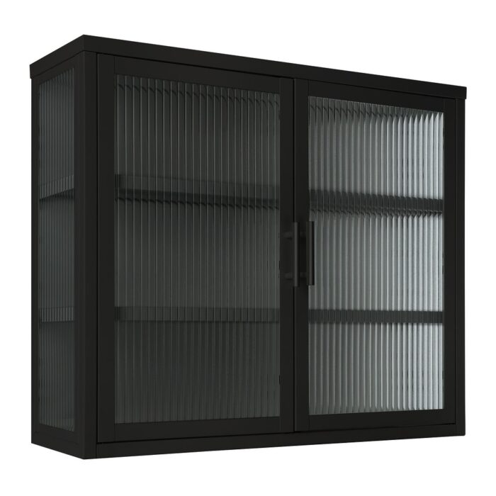 Over The Toilet Bathroom Wall Cabinet Black Medicine Cabinet with Fluted Tempered Glass Door and Shelves for Kitchen - Image 2