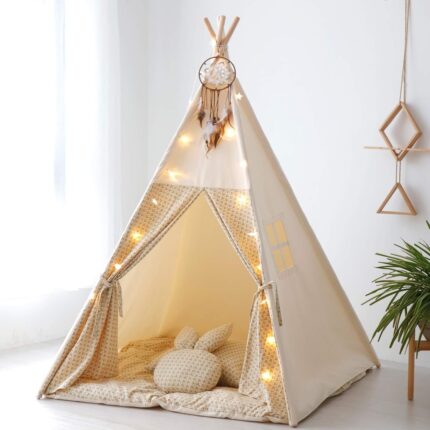 Canvas Teepee Play Tents for Kids with Carry bag, No Mat (Beige) - Beige