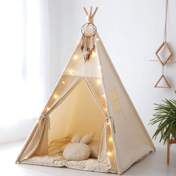 Canvas Teepee Play Tents for Kids with Carry bag, No Mat (Beige) - Beige