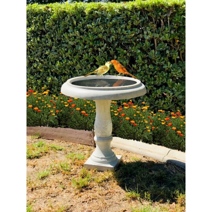 24.5"H Round Weathered Concrete/Fiberglass Outdoor Bird Bath w/Traditional Flower Diamond Pattern