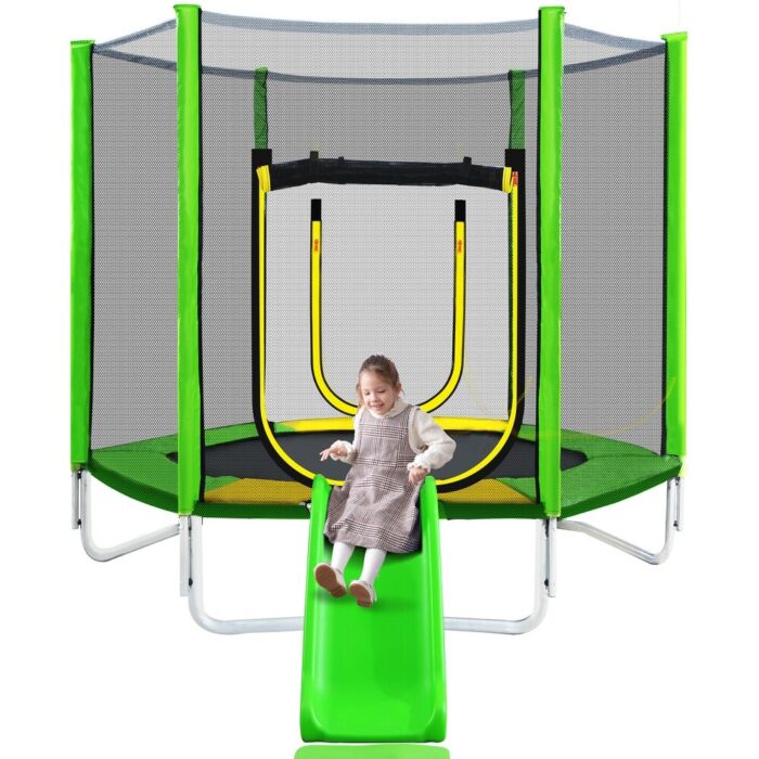 7FT Trampoline for Kids with Safety Enclosure Net, Slide and Ladder