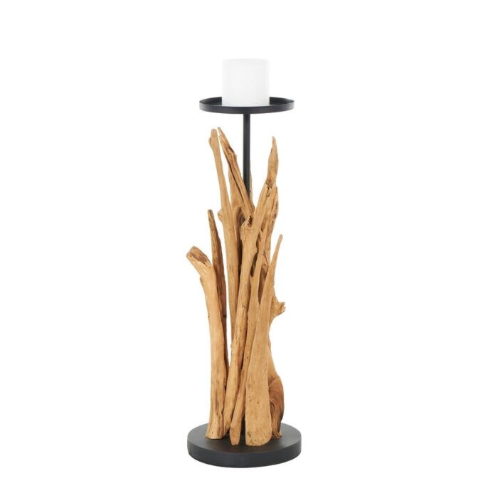 Brown Teak Wood Handmade Tall Tree Branch Floor Candle Holder with Black Metal Accents - Image 2