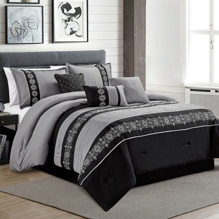 Embroidery Comforter Set 7 Alternative Queen Dark Gray Black