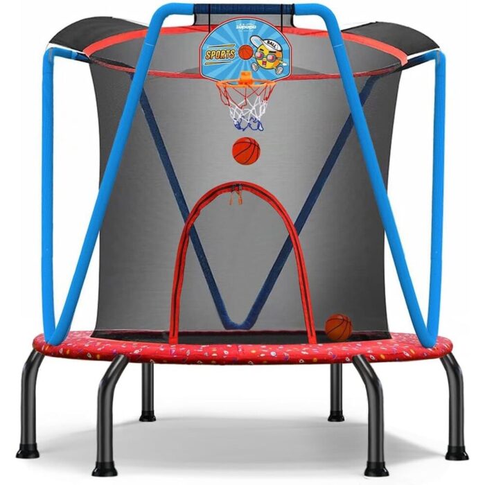 Trampoline for Kids Toddler Indoor Outdoor Small Trampolines for Baby with net Basketball Hoop for Age 2-5, 54'' 66'' - Red&Blue