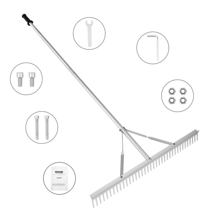 VEVOR Landscape Rake 36" Aluminum with 75" or 102.36" Adjustable Handle for Soil Lawn Weeding Lake Pond