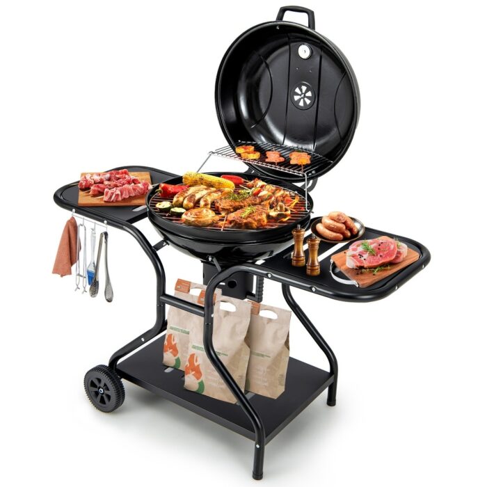 22 Inches 2 Layer Racks Barbecue Grill with Wheels for Outdoor Camping-Black - 53 " x 25" x 38"