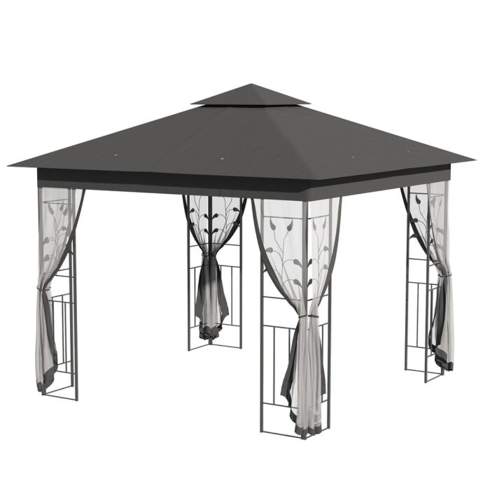 Outsunny 10' x 10' Steel Fabric Rectangle Outdoor Gazebo with Mesh Curtain Sidewalls & 2-Tiered Vented Canopy Top - Image 2