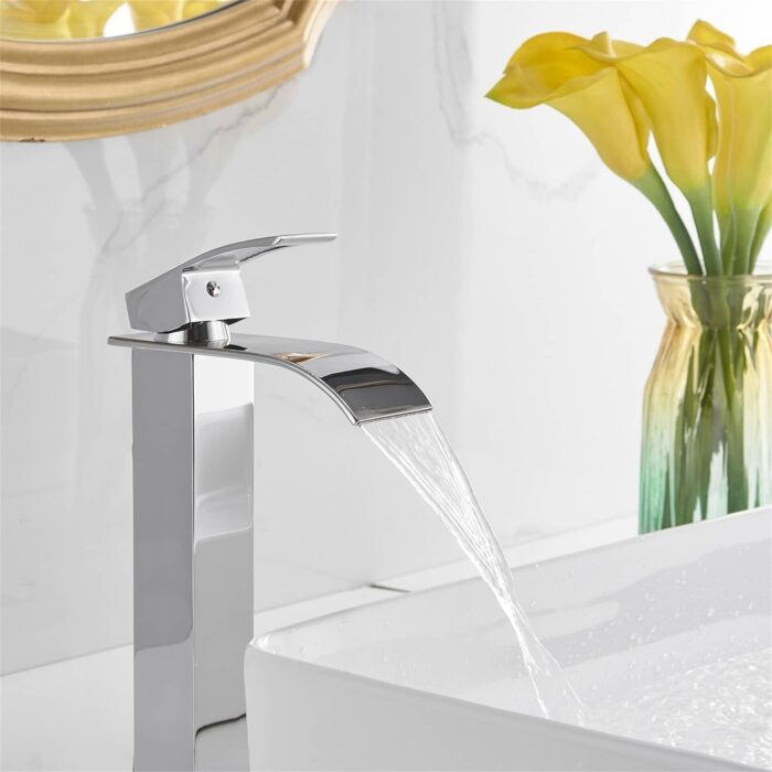 Waterfall Bathroom Vessel Faucet With Drain Assembly Single Handle Bathroom Vessel Sink Faucets 1 Hole Lavatory Vanity Basin Tap