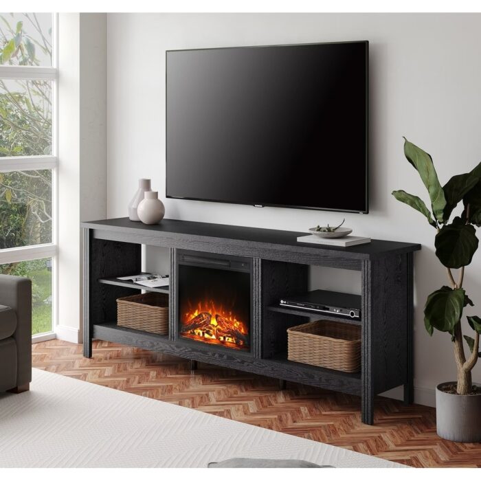 70 Inch Fireplace TV Stand for 75 Inch TV Wood Television Stands,Black - Image 2