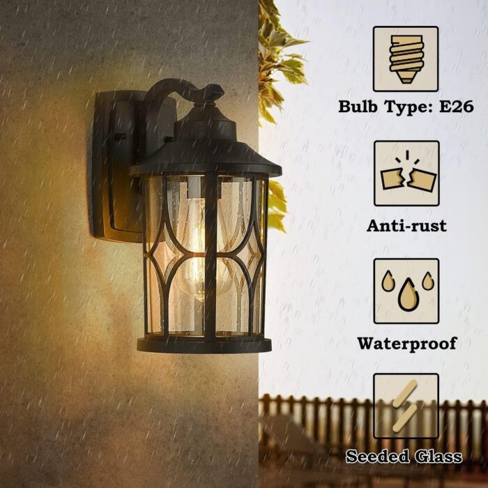 2 Pack Outdoor Wall Light for Porch House, Die-Cast Aluminum with Seeded Glass, Black or White Finish - 2-light - Image 2