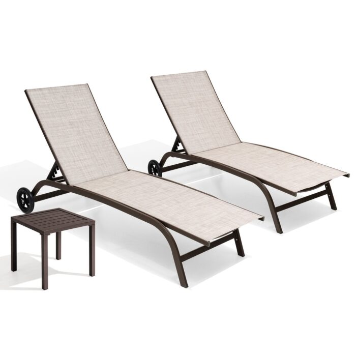 Outdoor Chaise Lounges and Side Table, Patio Lounger with Wheels 3-Piece Set - See Picture - Image 2