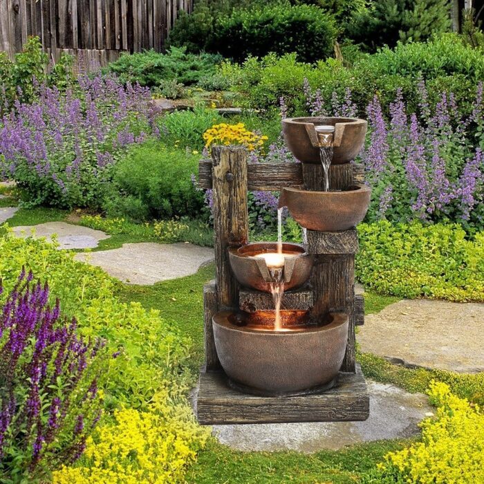 23.2" H Bowls and Fence Resin Outdoor Fountain with LED Lights - Image 2